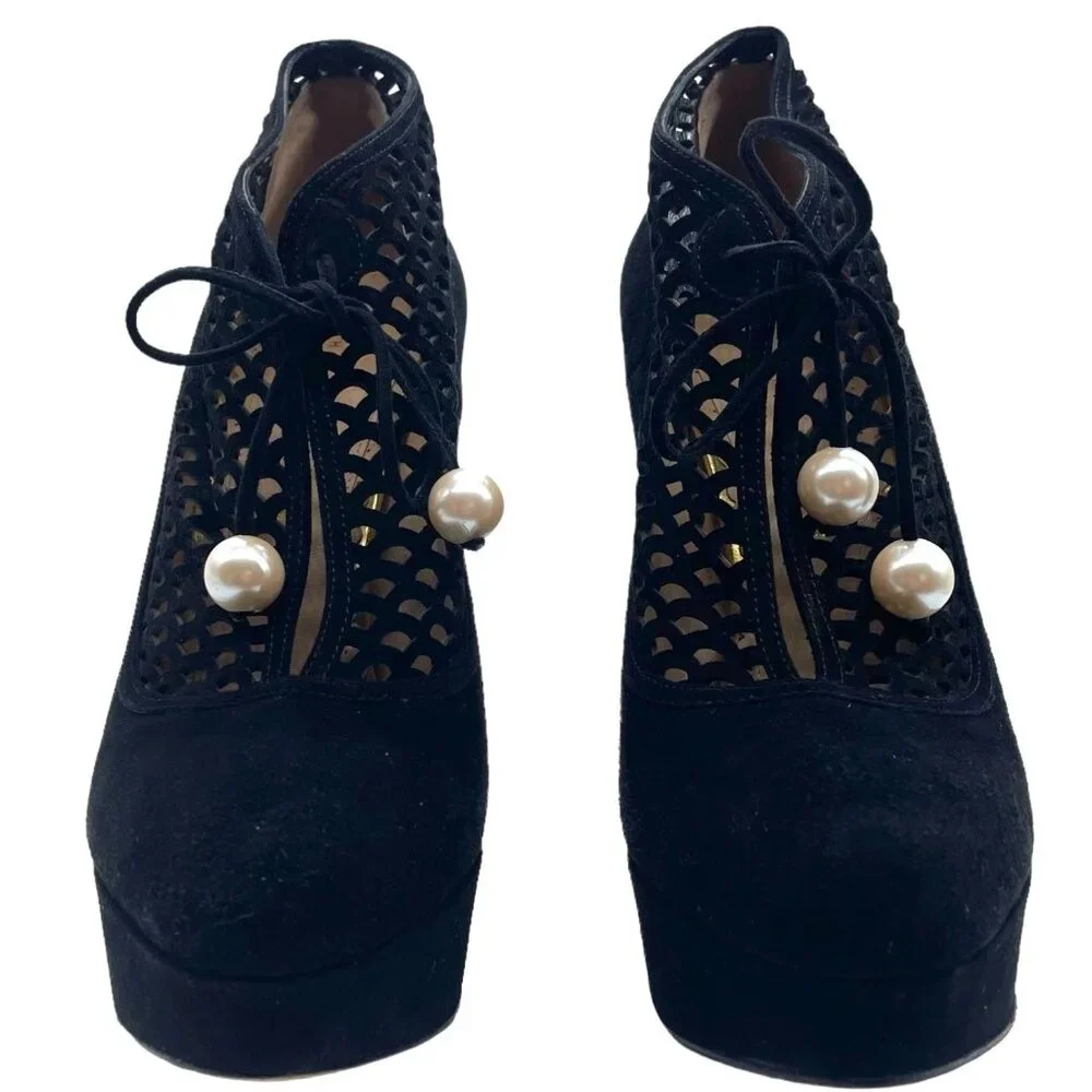 Charlotte Olympia Minerva Laser Cut Suede Platform Heels 40 Dark Academia Goth - Picture 5 of 10